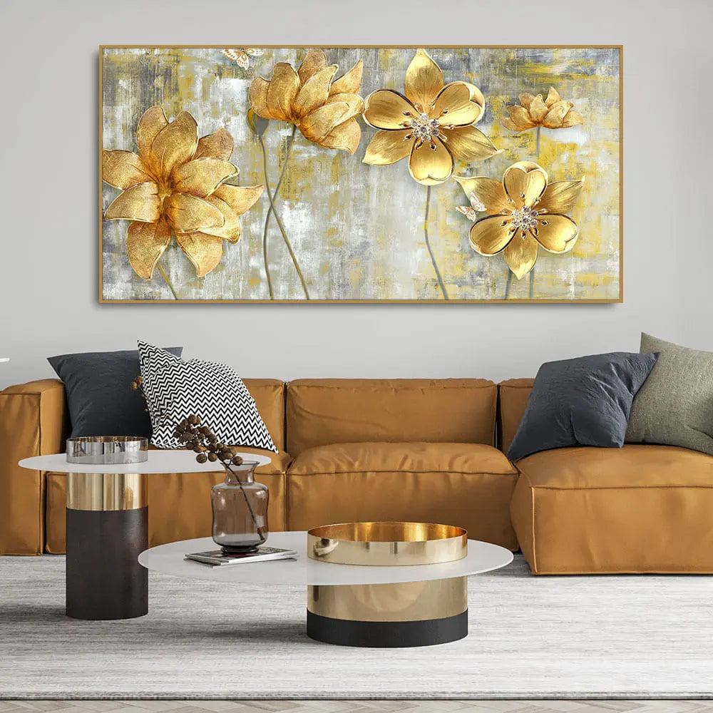 Golden Flowers Abstracts Art Canvas wall painting - Harshita Craft