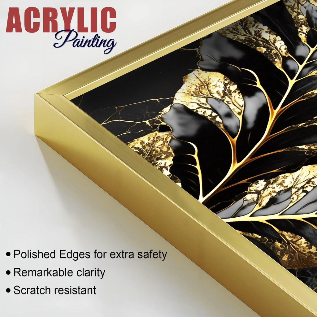 Beautiful Leaf Golden Textural Art Acrylic Floating Wall Painting Set Of 2 - Decor Mantra 