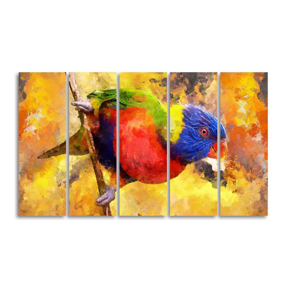Colorful Parrot Abstract Art Canvas wall Painting of Five Pieces - Decor Mantra 
