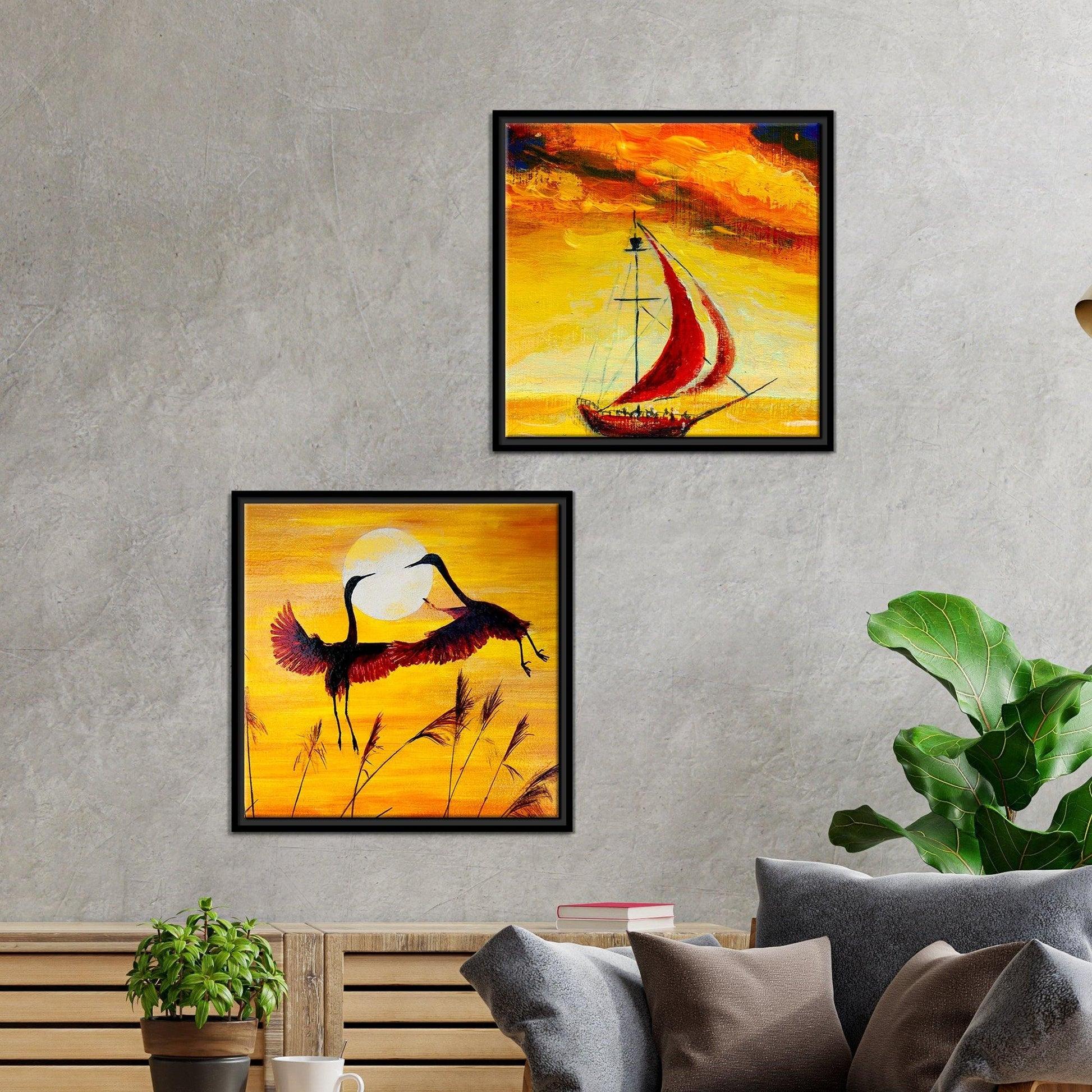 Boat & Cranes Sunset Wall Painting 2 Pieces Floating Frame - Decor Mantra 