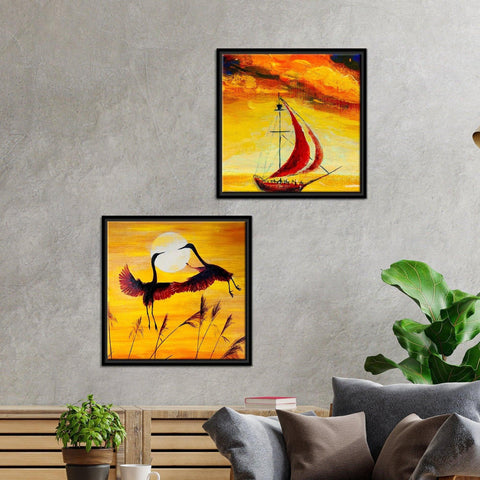 Boat & Cranes Sunset Wall Painting 2 Pieces Floating Frame - Decor Mantra 