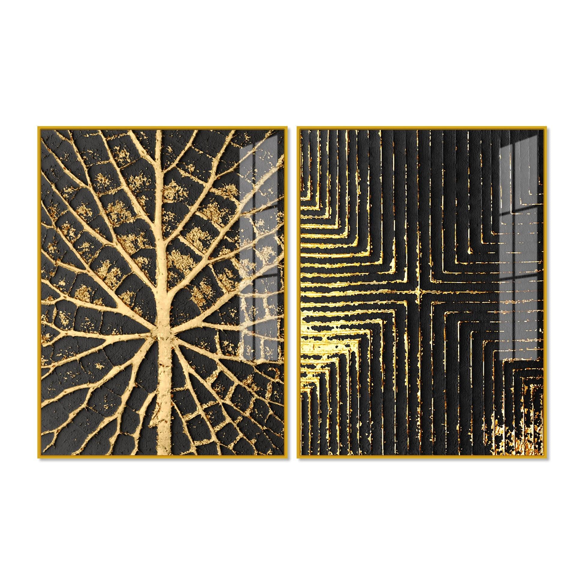 Geometric and Leaf Pattern Acrylic Floating Wall Painting Set of 2 - Decor Mantra 