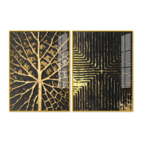 Geometric and Leaf Pattern Acrylic Floating Wall Painting Set of 2 - Decor Mantra 