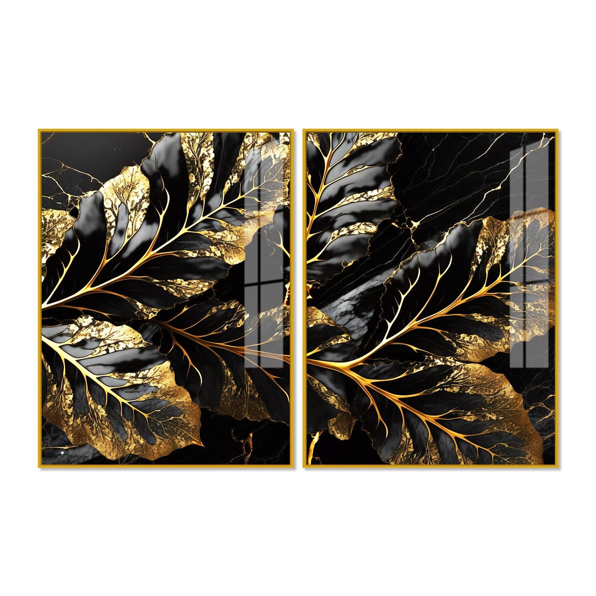 Beautiful Leaf Golden Textural Art Acrylic Floating Wall Painting Set Of 2 - Decor Mantra 