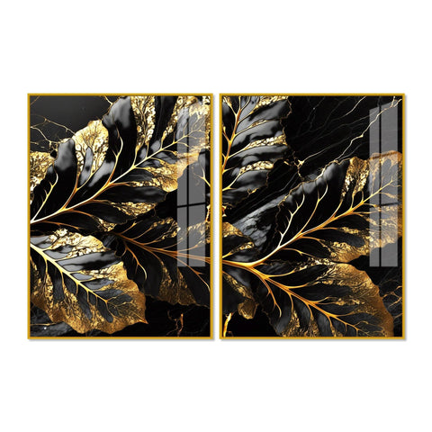 Beautiful Leaf Golden Textural Art Acrylic Floating Wall Painting Set Of 2 - Decor Mantra 
