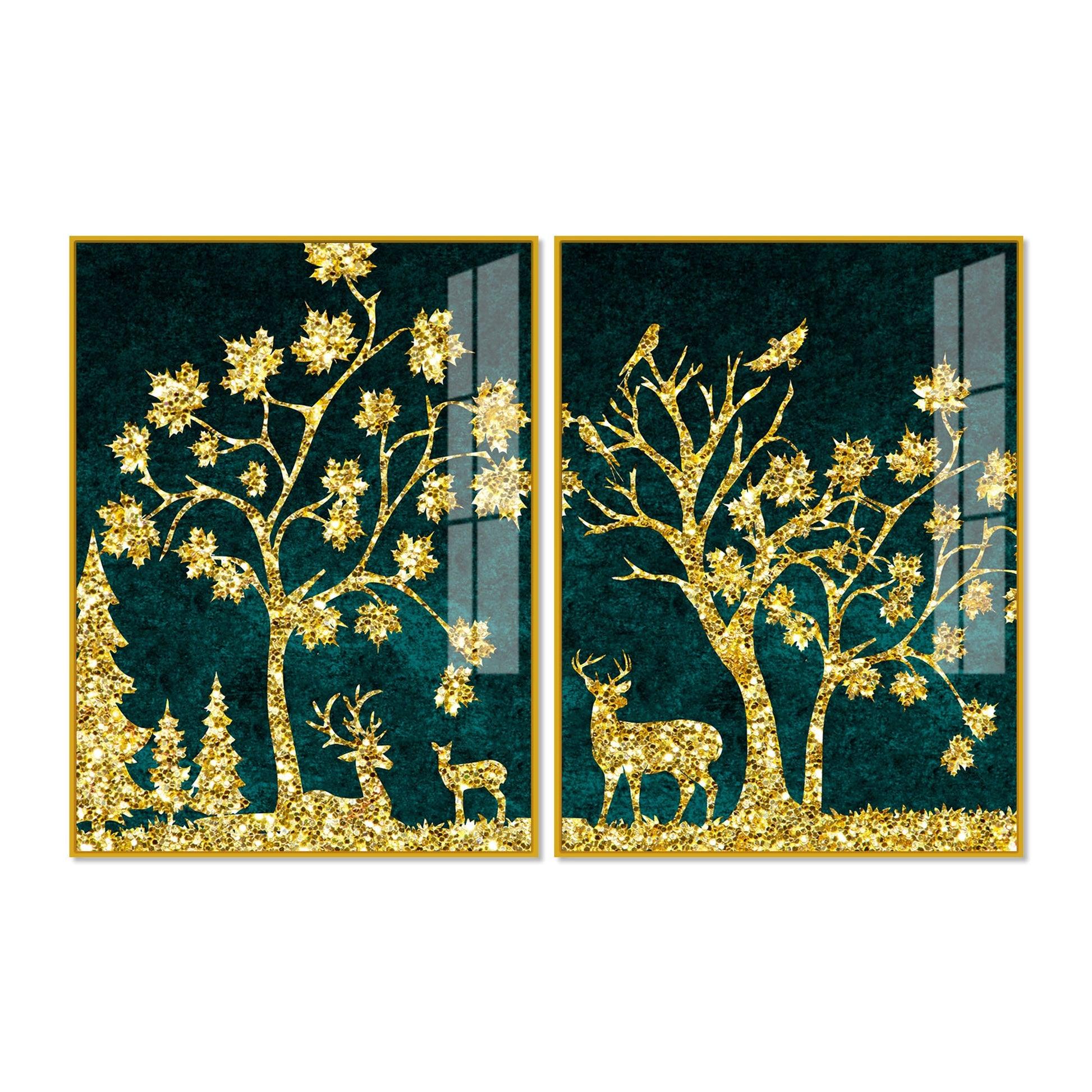 Beautiful Golden Trees with Deer Premium Acrylic Floating Wall Painting Set Of 2 - Decor Mantra 