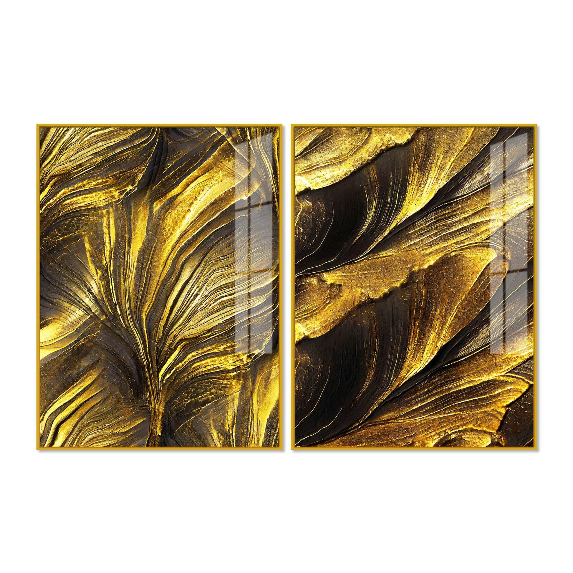 Golden Texture Acrylic Floating Wall Painting Set of 2 - Decor Mantra 