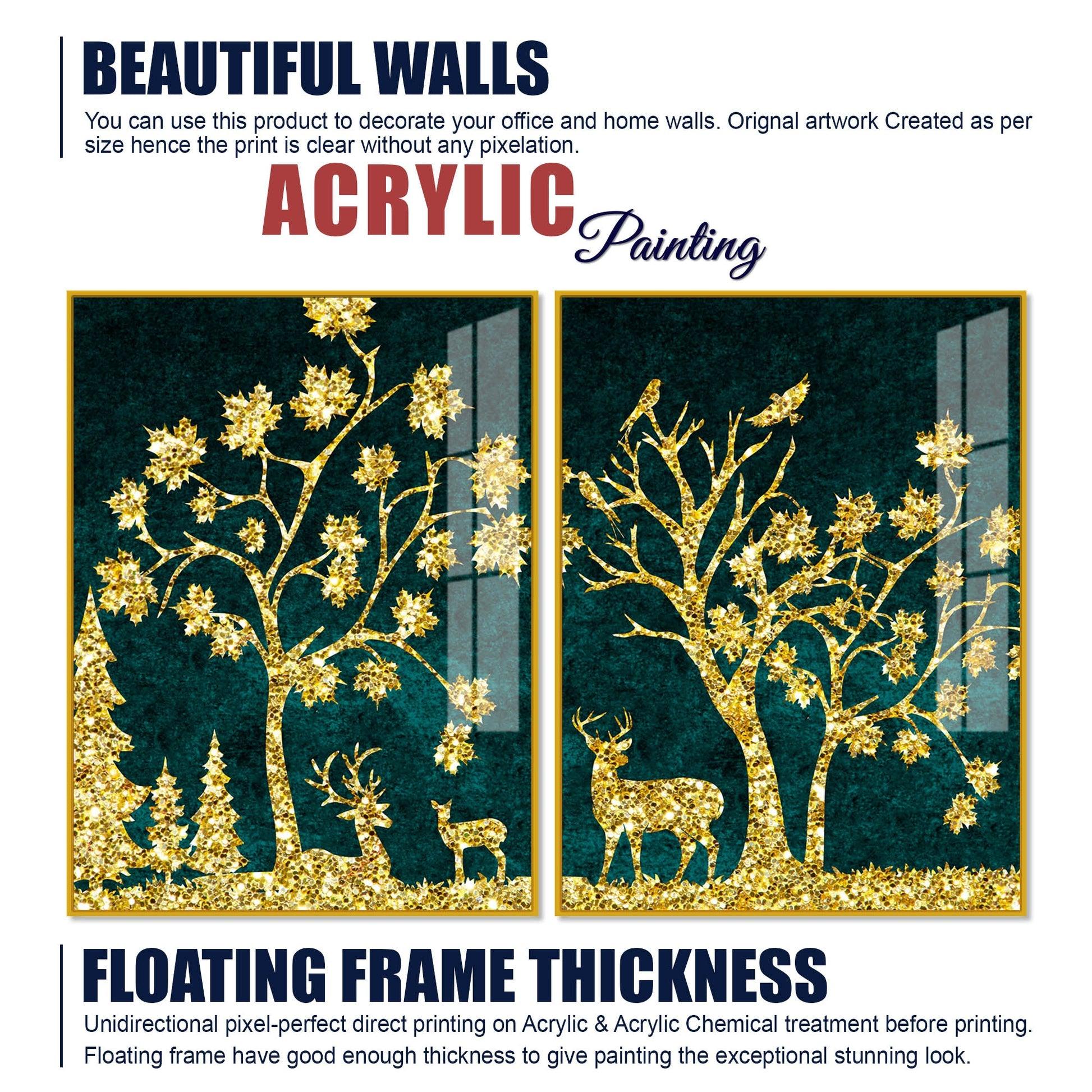 Beautiful Golden Trees with Deer Premium Acrylic Floating Wall Painting Set Of 2 - Decor Mantra 