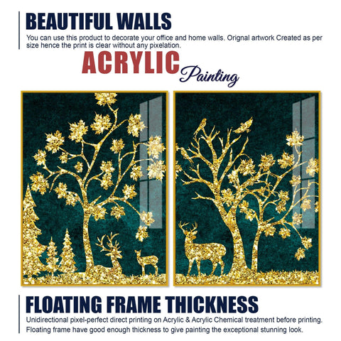 Beautiful Golden Trees with Deer Premium Acrylic Floating Wall Painting Set Of 2 - Decor Mantra 