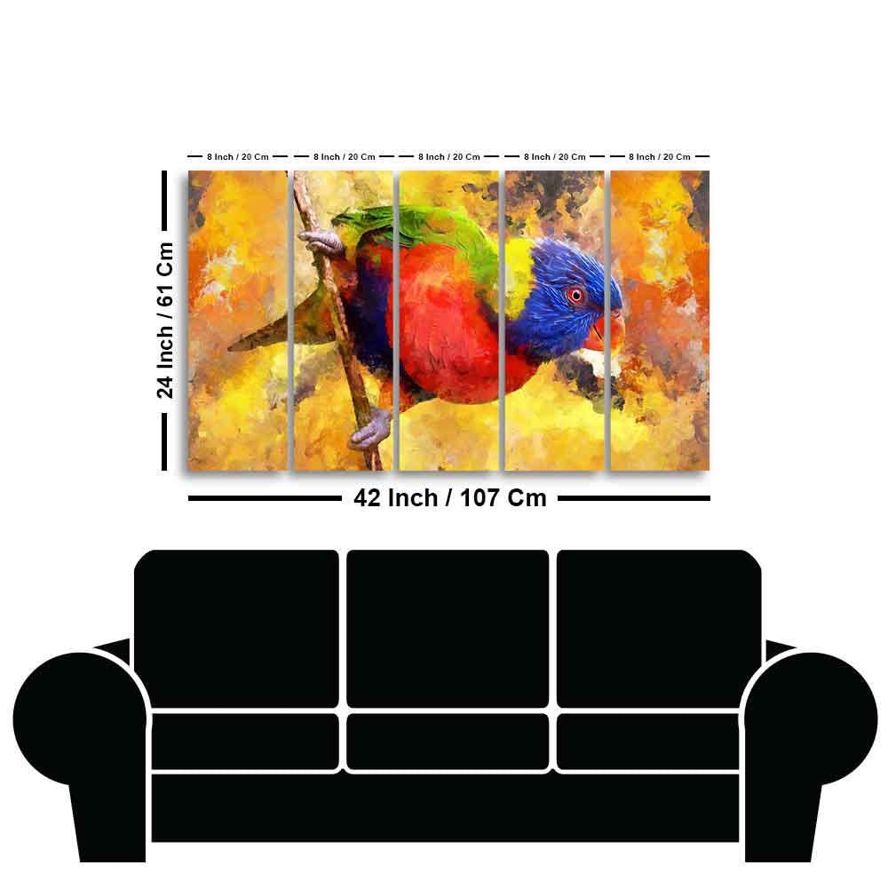 Colorful Parrot Abstract Art Canvas wall Painting of Five Pieces - Decor Mantra 