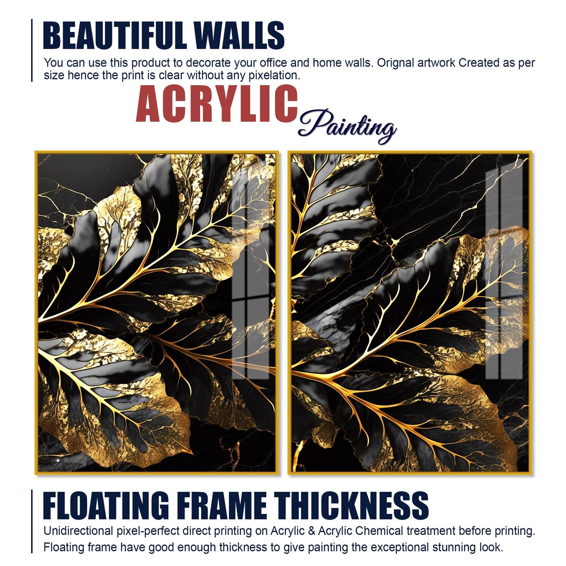 Beautiful Leaf Golden Textural Art Acrylic Floating Wall Painting Set Of 2 - Decor Mantra 