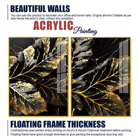 Beautiful Leaf Golden Textural Art Acrylic Floating Wall Painting Set Of 2 - Decor Mantra 