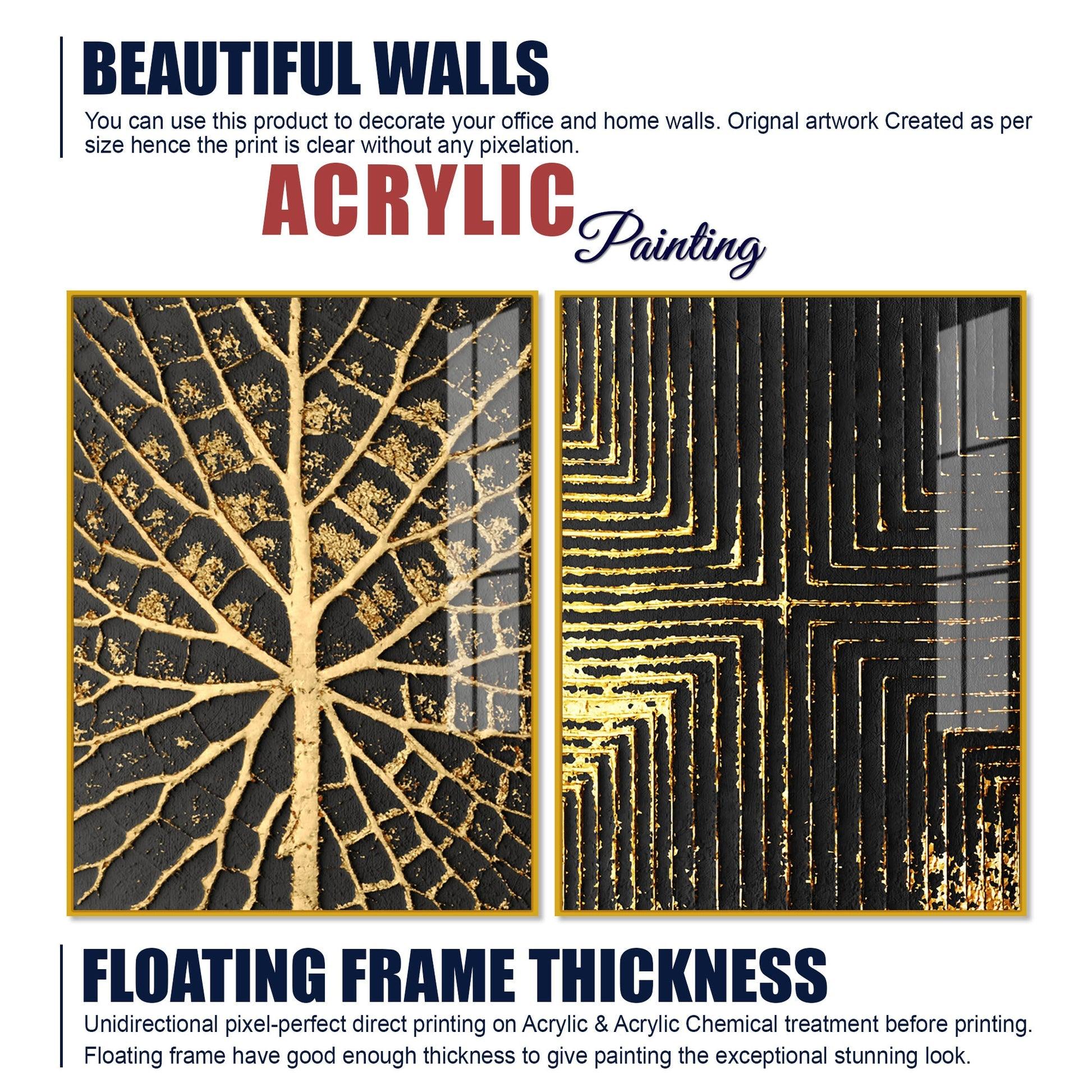 Geometric and Leaf Pattern Acrylic Floating Wall Painting Set of 2 - Decor Mantra 