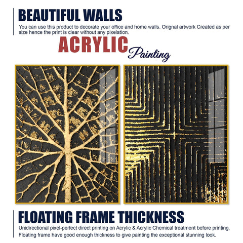 Geometric and Leaf Pattern Acrylic Floating Wall Painting Set of 2 - Decor Mantra 