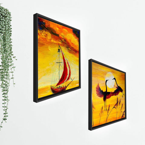 Boat & Cranes Sunset Wall Painting 2 Pieces Floating Frame - Decor Mantra 