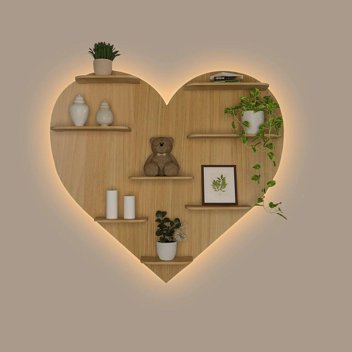 Heart Backlit Designer Wooden Wall Shelf / Book Shelf / Night Light, Light Oak Finish - Decor Mantra 