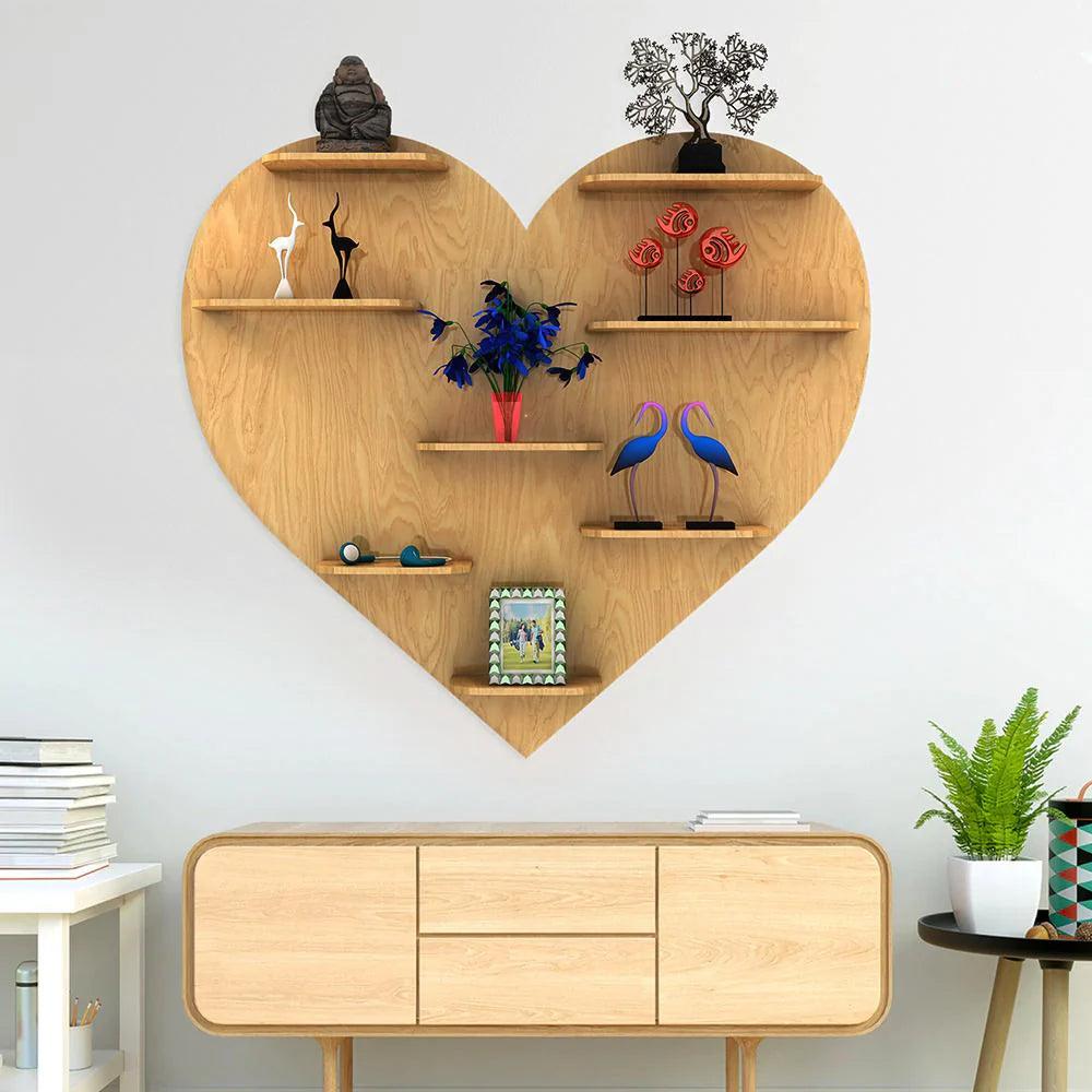 Heart Backlit Designer Wooden Wall Shelf / Book Shelf / Night Light, Light Oak Finish - Decor Mantra 