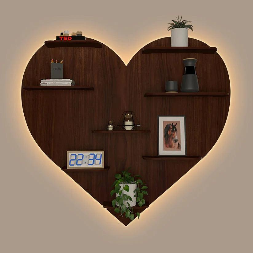 Heart Backlit Designer Wooden Wall Shelf / Book Shelf / Night Light, Walnut Finish - Decor Mantra 