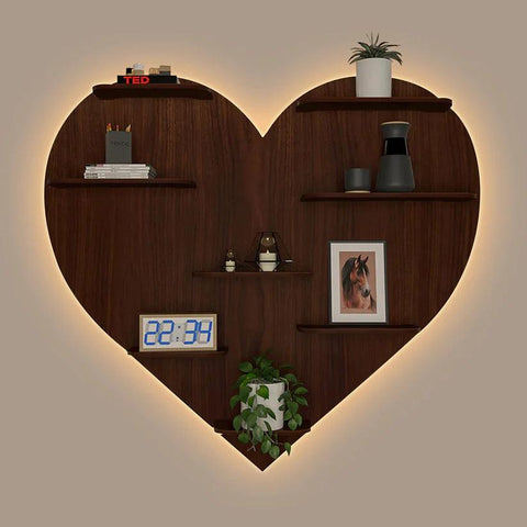 Heart Backlit Designer Wooden Wall Shelf / Book Shelf / Night Light, Walnut Finish - Decor Mantra 