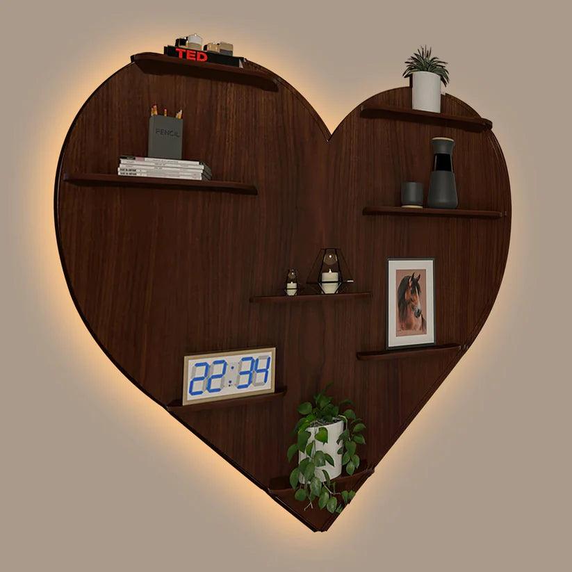 Heart Backlit Designer Wooden Wall Shelf / Book Shelf / Night Light, Walnut Finish - Decor Mantra 