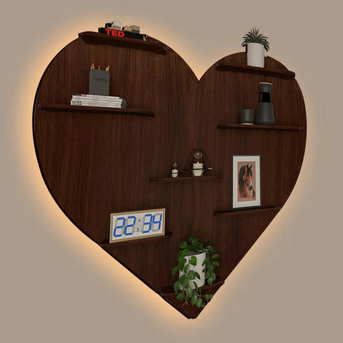 Heart Backlit Designer Wooden Wall Shelf / Book Shelf / Night Light, Walnut Finish - Decor Mantra 