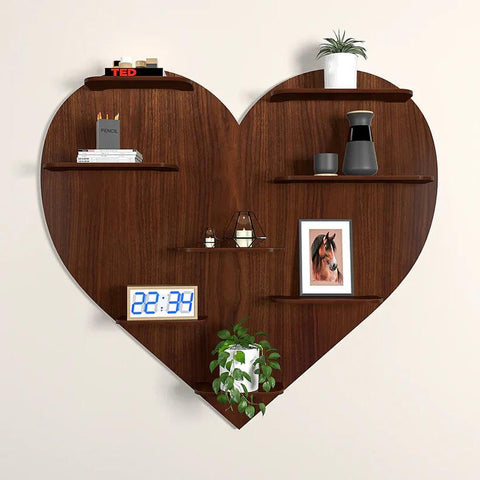 Heart Backlit Designer Wooden Wall Shelf / Book Shelf / Night Light, Walnut Finish - Decor Mantra 