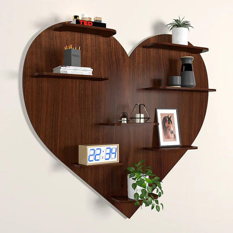Heart Backlit Designer Wooden Wall Shelf / Book Shelf / Night Light, Walnut Finish - Decor Mantra 