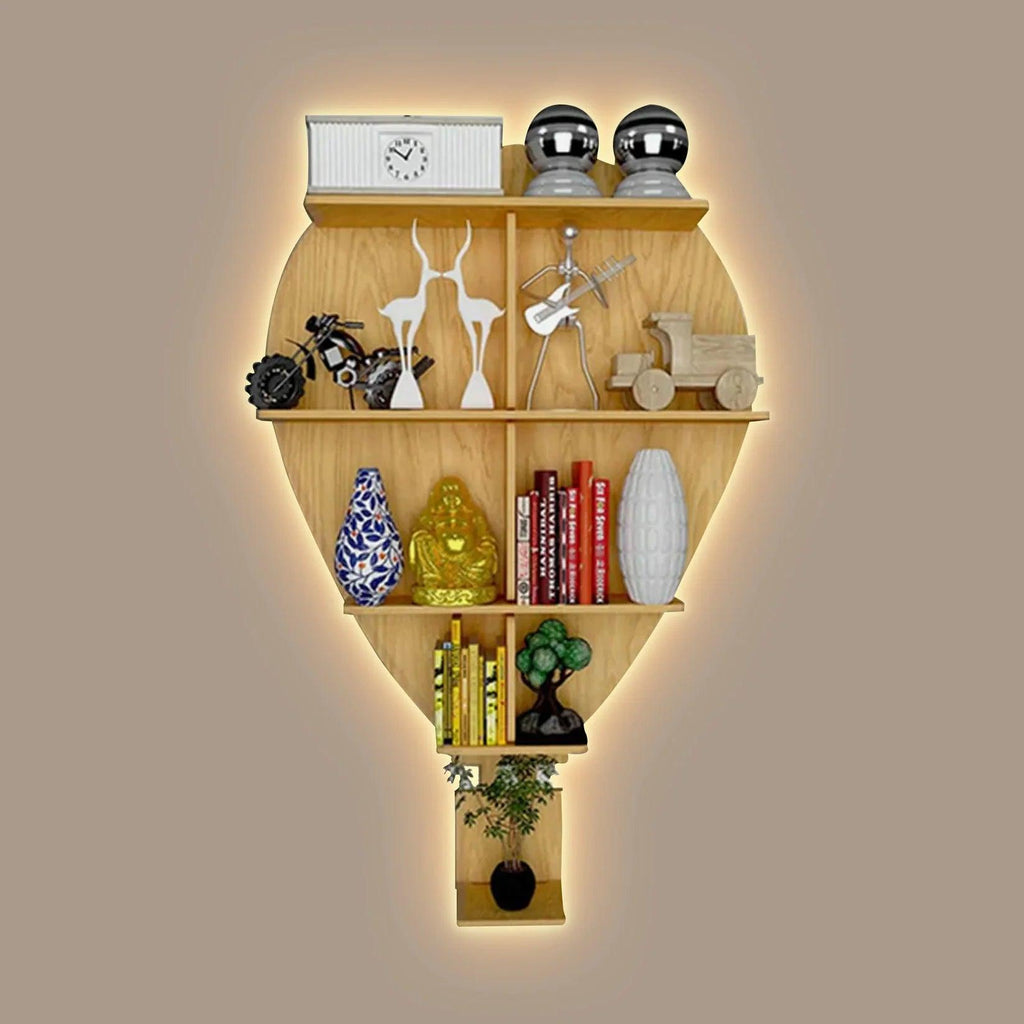 Hot Air Balloon Backlit Designer Wooden Wall Shelf / Book Shelf / Night Light, Light Oak Finish - Decor Mantra 