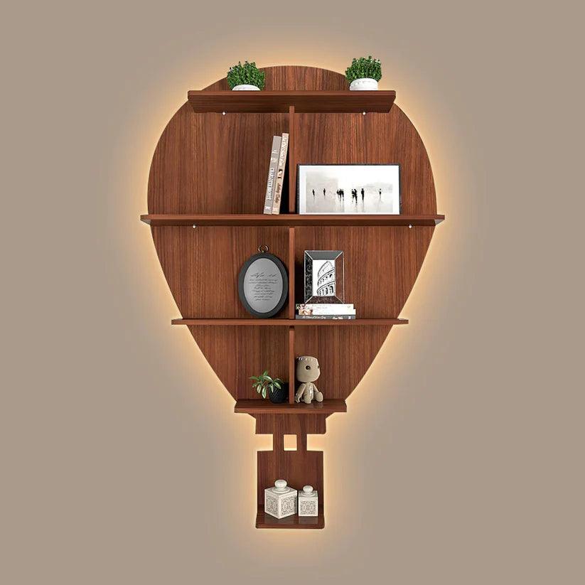 Hot Air Balloon Backlit Designer Wooden Wall Shelf / Book Shelf / Night Light, Walnut Finish - Decor Mantra 