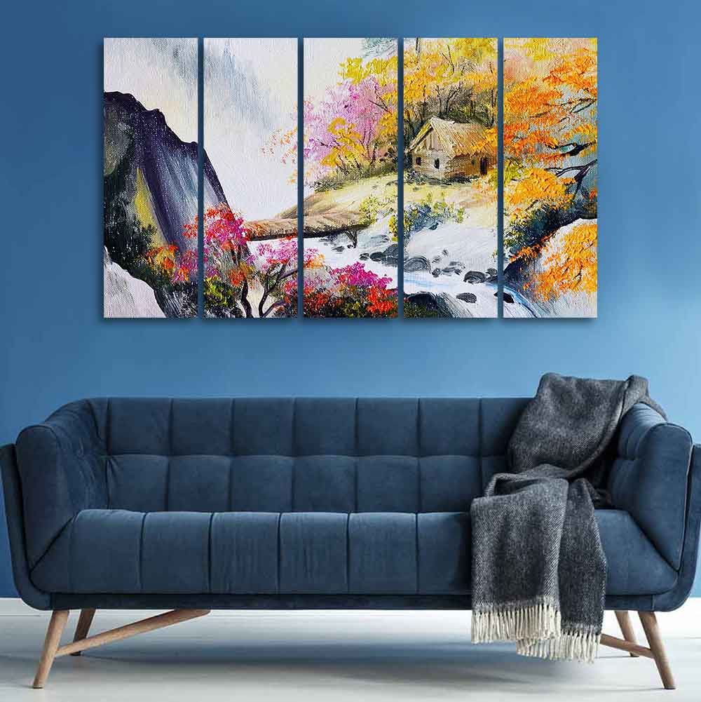 Hut at Bank of River Five Pieces Wall Painting DECORMANTRA