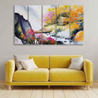 Hut at Bank of River Five Pieces Wall Painting DECORMANTRA