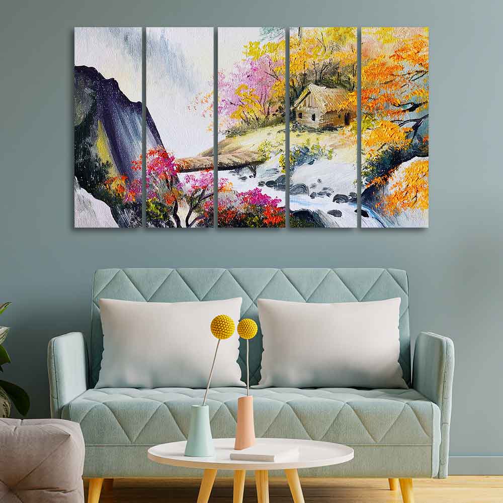 Hut at Bank of River Five Pieces Wall Painting DECORMANTRA