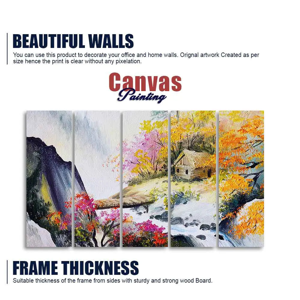 Hut at Bank of River Five Pieces Wall Painting DECORMANTRA