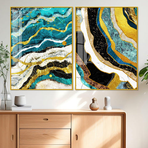 Modern Turquoise Blue Waves Artistic Art Acrylic Floating Wall Painting Set Of 2 - Decor Mantra 