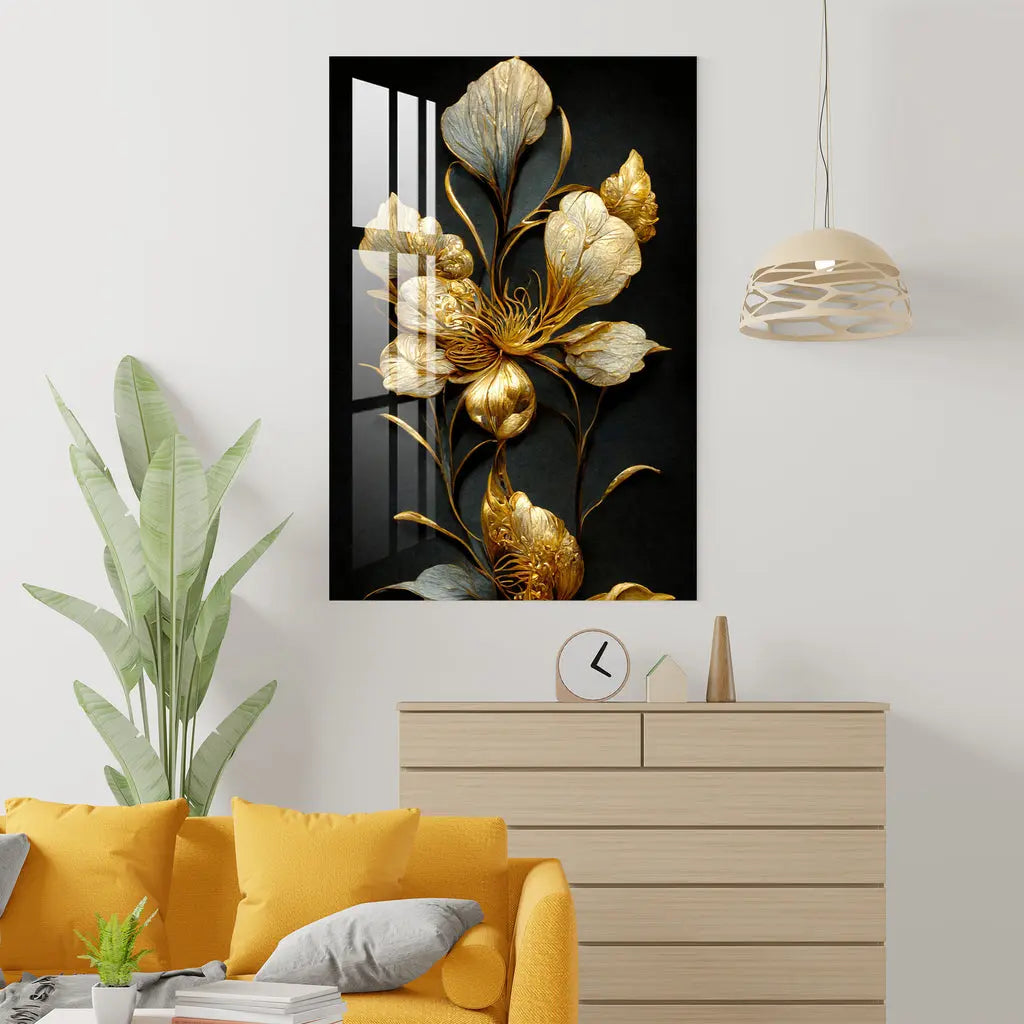 Classic Golden & Black Shade Floral Acrylic Wall Art DECORMANTRA