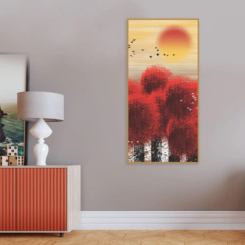 Beautiful Red Tree with Sunrise Scenery Canvas Wall Painting Decor Mantra