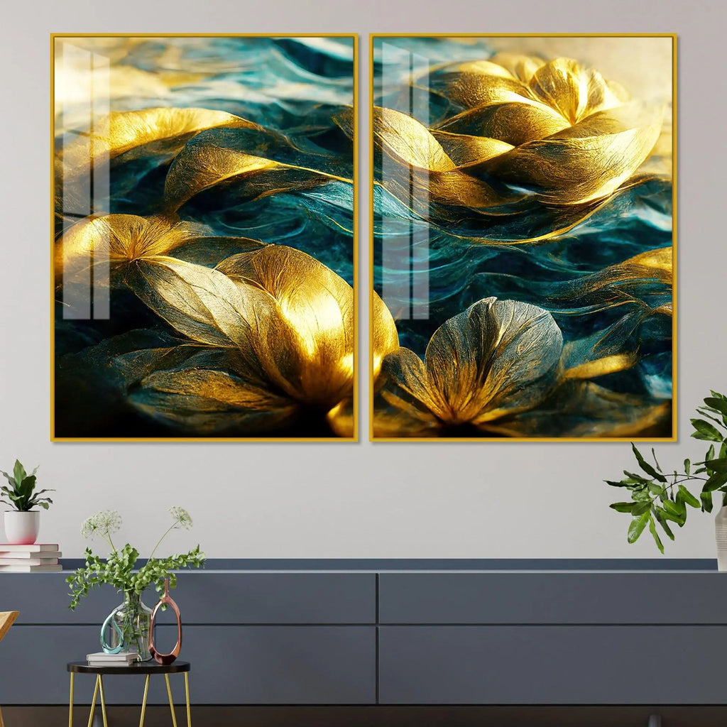 Golden Dreamy Flower Acrylic Floating Wall Painting Set of 2 - Decor Mantra 