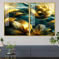 Golden Dreamy Flower Acrylic Floating Wall Painting Set of 2 - Decor Mantra 