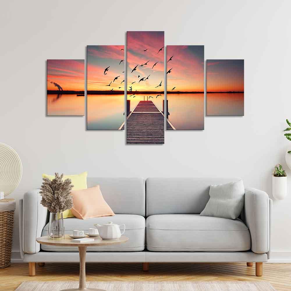 Premium Beautiful Sunset Horizon Canvas wall Painting of Five Pieces - Decor Mantra 