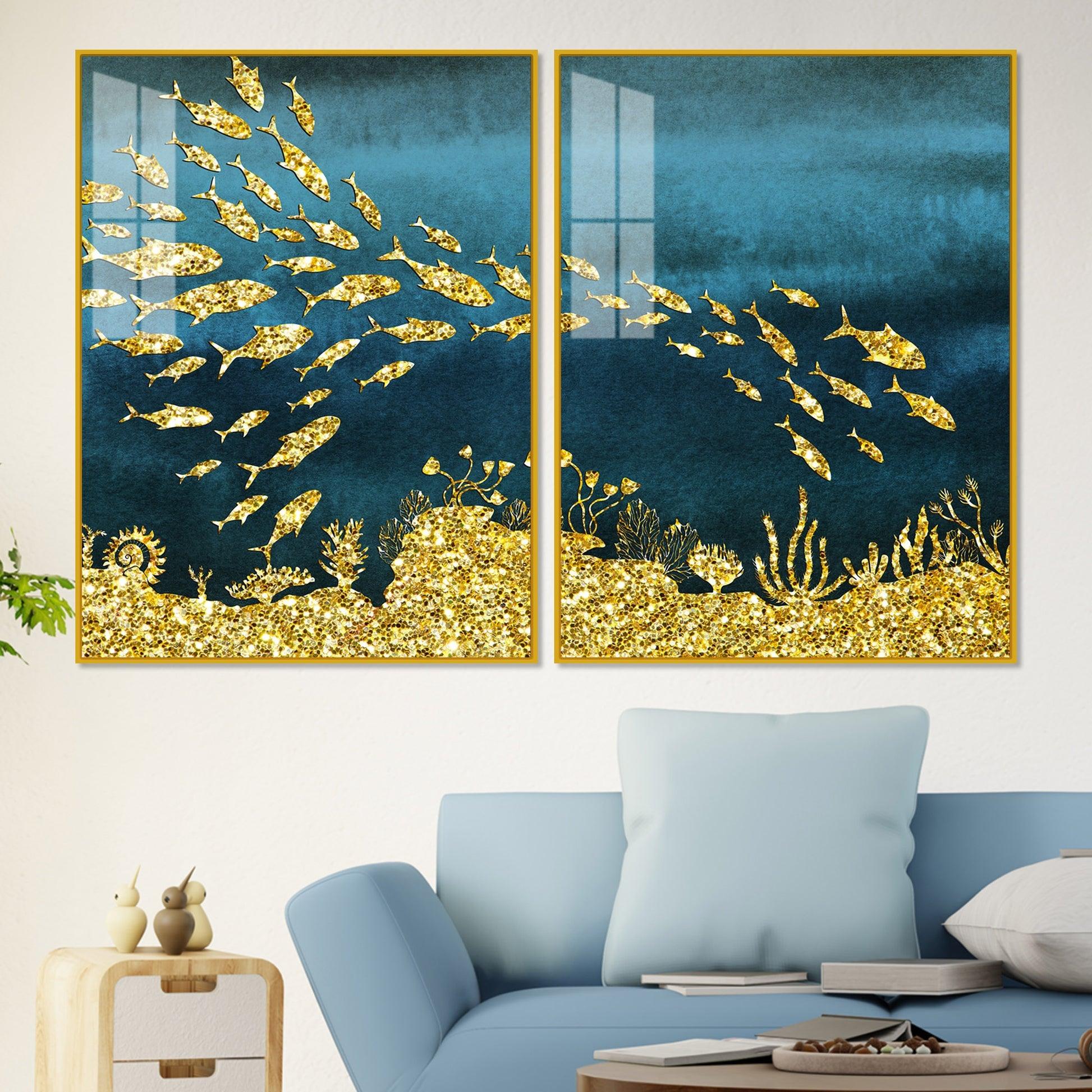 Beautiful Ocean View of Golden Fish Pattern Acrylic Floating Wall Painting Set Of 2 - Decor Mantra 