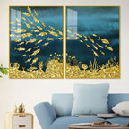 Beautiful Ocean View of Golden Fish Pattern Acrylic Floating Wall Painting Set Of 2 - Decor Mantra 