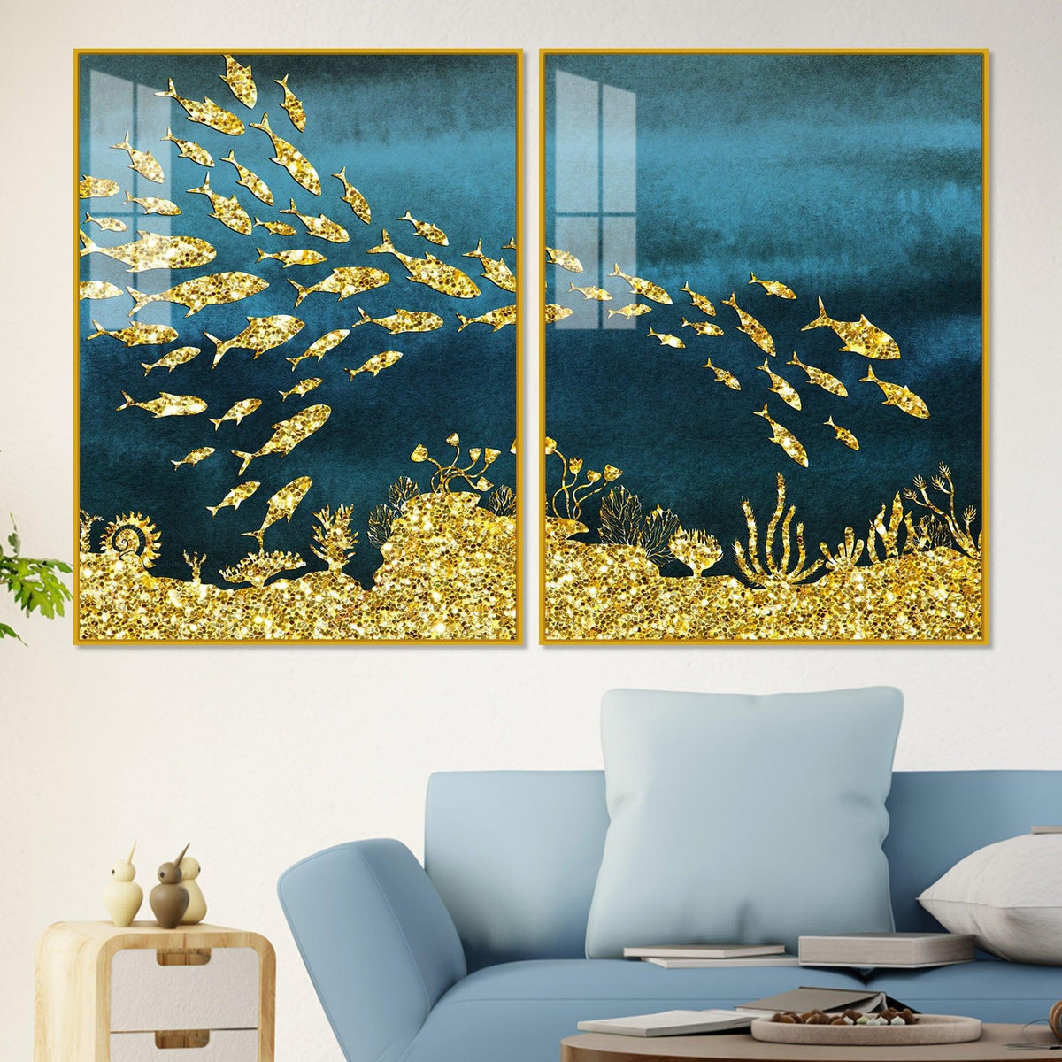 Beautiful Ocean View of Golden Fish Pattern Acrylic Floating Wall Painting Set Of 2 - Decor Mantra 