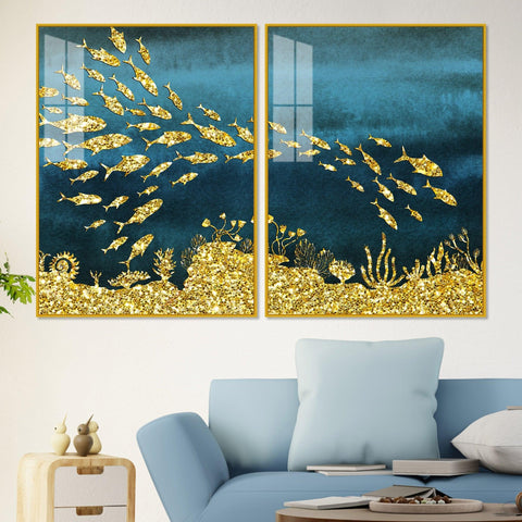 Beautiful Ocean View of Golden Fish Pattern Acrylic Floating Wall Painting Set Of 2 - Decor Mantra 