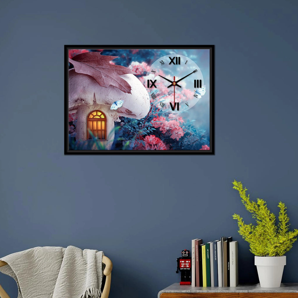 Floating Frame Mashroom House Wall Painting with Clock - Decor Mantra 