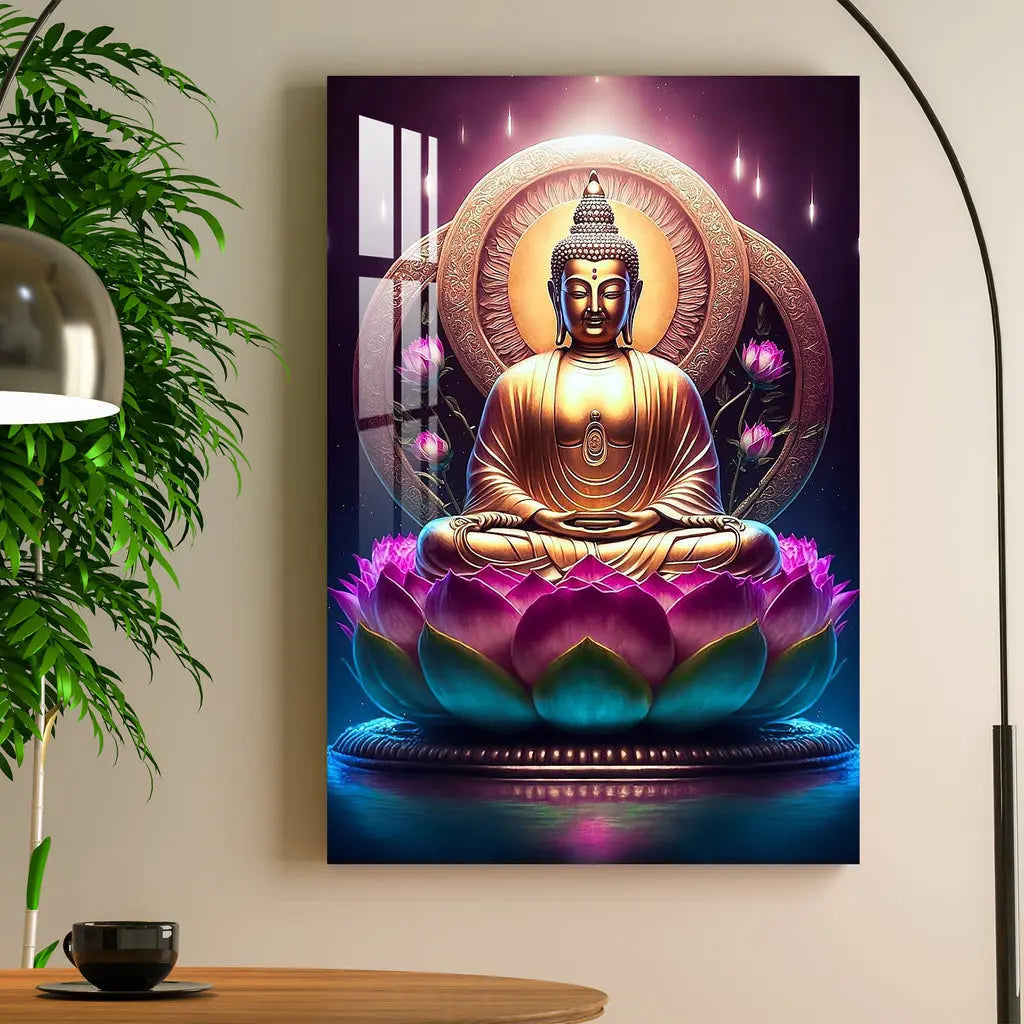 Lord Buddha With Lotus Acrylic Wall Art DECORMANTRA