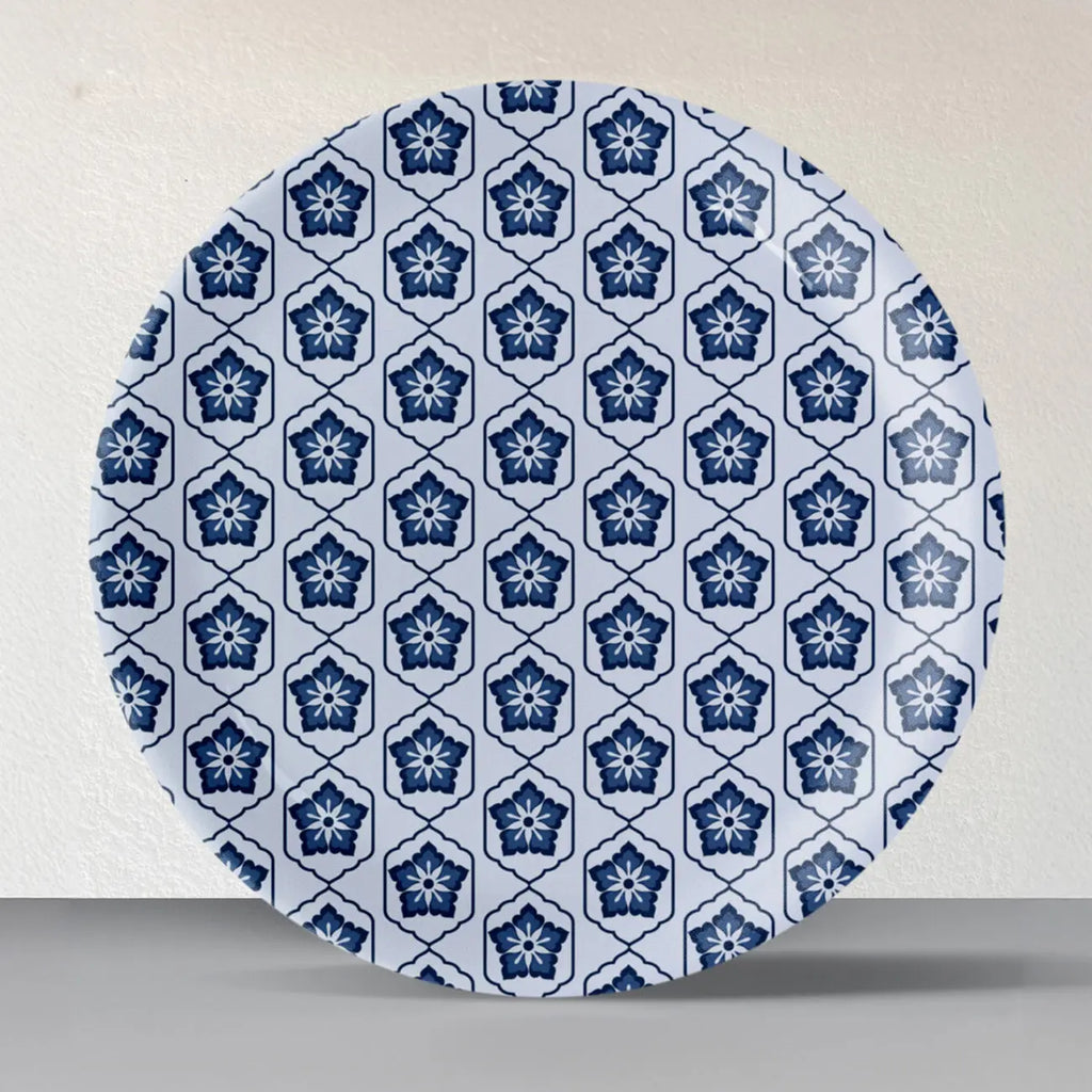 Abstract Geometry in Everyday Art Blue Pottery Inspired jaali symmetry floral plate - Harshita Craft