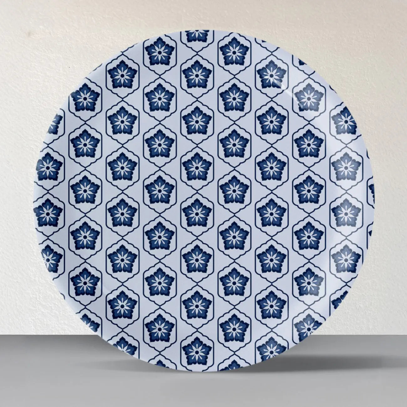 Abstract Geometry in Everyday Art Blue Pottery Inspired jaali symmetry floral plate - Harshita Craft