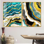 Modern Turquoise Blue Waves Artistic Art Acrylic Floating Wall Painting Set Of 2 - Decor Mantra 