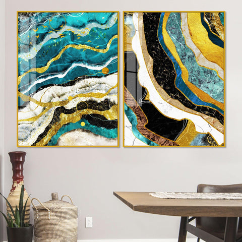 Modern Turquoise Blue Waves Artistic Art Acrylic Floating Wall Painting Set Of 2 - Decor Mantra 