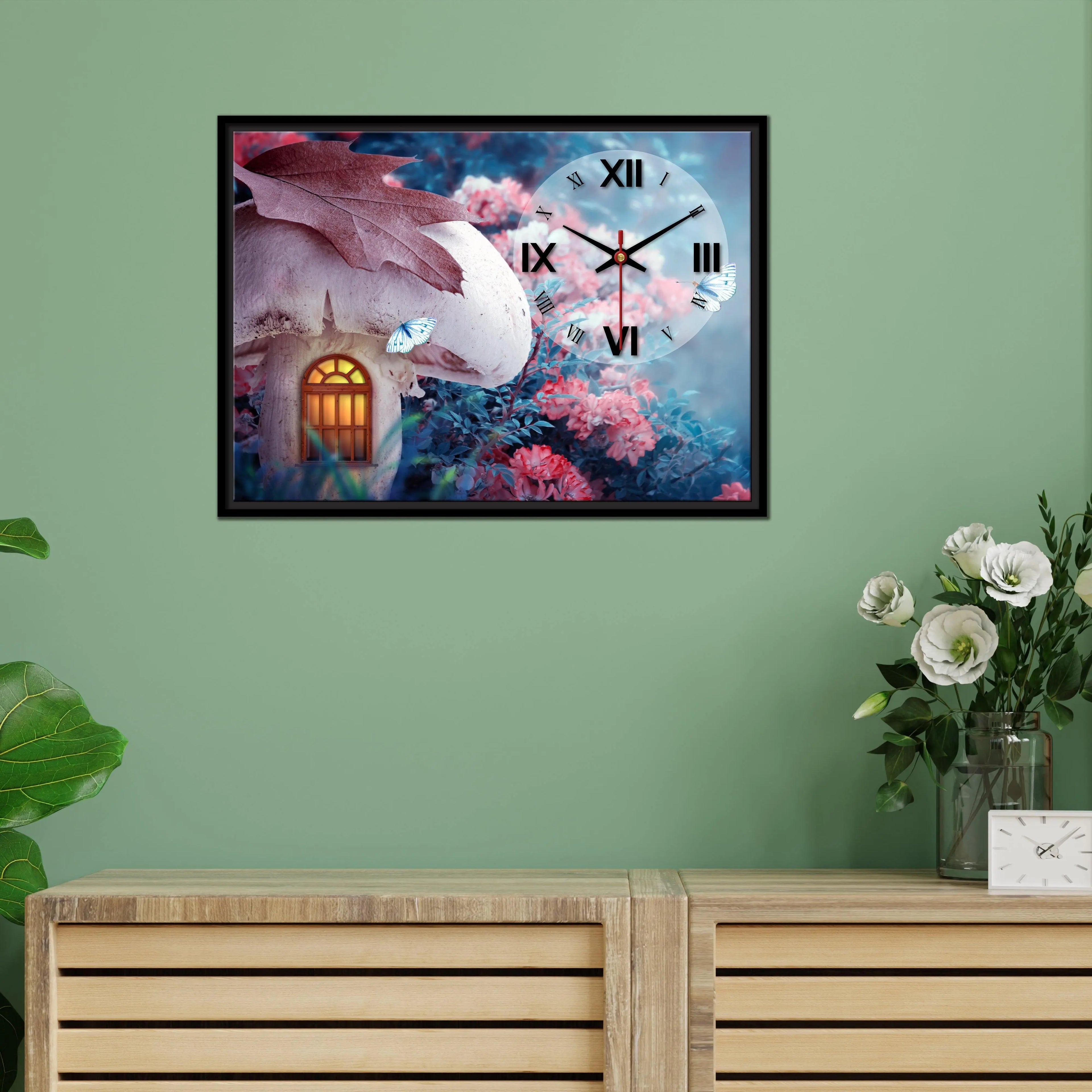 Floating Frame Mashroom House Wall Painting with Clock - Decor Mantra 